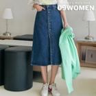 Plus Size Button-front A-line Denim Skirt