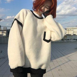Contrast Trim Furry Pullover Beige - One Size