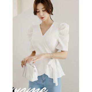 Puff-sleeve Peplum Wrap Blouse