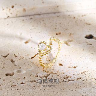 Faux Pearl Heart Sterling Silver Open Ring
