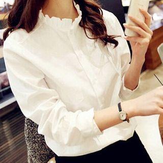 Long-sleeve Ruffle Trim Plain Loose Fit Shirt