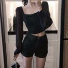Square-neck Mesh-sleeve Cropped Blouse Black - One Size