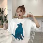 Elbow-sleeve Cat Print Lettering T-shirt
