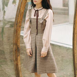 Plaid Midi Jumper Dress / Tie Neck Blouse