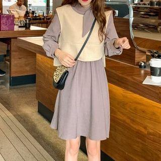 Set: Corduroy Long-sleeve A-line Dress + Crew-neck Vest