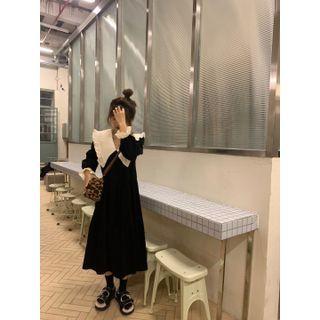 Long-sleeve Print A-line Dress Black - One Size