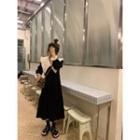 Long-sleeve Print A-line Dress Black - One Size