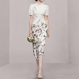 Set: Puff-sleeve Bow Detail Blouse + Floral Midi Pencil Skirt
