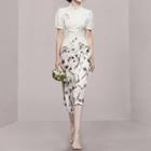 Set: Puff-sleeve Bow Detail Blouse + Floral Midi Pencil Skirt