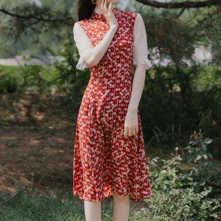 Mesh Panel Short-sleeve Patterned Midi A-line Dress