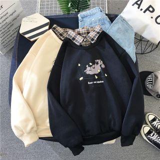 Bear Print Mock Two-piece Collared Sweatshirt