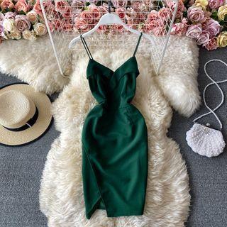 V-neck Spaghetti-strap Slit Bodycon Dress