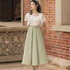 Set: Short-sleeve Square-neck Blouse + High Waist Midi A-line Skirt