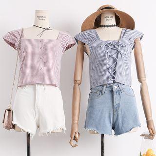 Reversible Square-neck Plaid Top