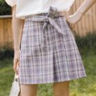 Plaid Asymmetric Pleated Tie-waist Mini A-line Skirt