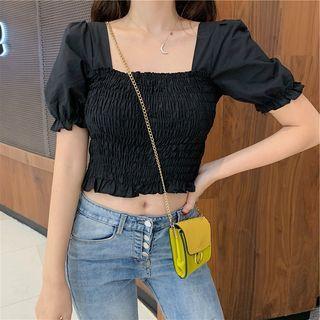 Puff-sleeve Square Neck Smocked Cropped Blouse