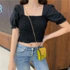 Puff-sleeve Square Neck Smocked Cropped Blouse