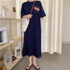 Elbow-sleeve Lettering Midi T-shirt Dress Navy Blue - One Size