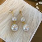 Rhinestone Bow Drop Earring 1 Pair - White Pearl - Gold - One Size