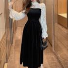 Long-sleeve Lace Trim Mock-neck Velvet Midi A-line Dress Black - One Size