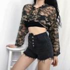 Camouflage Hooded Long-sleeve Cropped Mesh Top