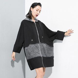 Denim Panel Hooded Zip Jacket Black - One Size