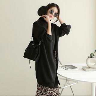 Slit-front Leopard-panel Long Hoodie Dress