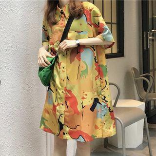 Printed Short Sleeve Shirtdress As Shown In Figure - One Size