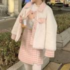 Fleece Jacket / Houndstooth Mini A-line Skirt / Tights