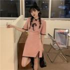 Short-sleeve Tie-front Lace Trim Mini Sheath Dress