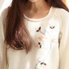 Raglan-sleeve Floral-embroidered Rib-knit Sweater
