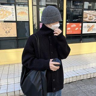 Long-sleeve Mock Neck Plain Cardigan