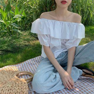 Off-shoulder Plain Ruffled Trim Top