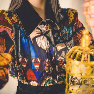 Retro Print Collared Velvet Shirt