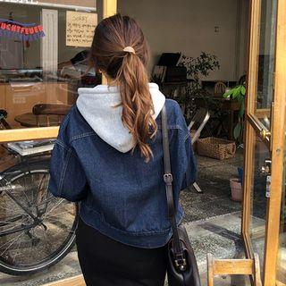 Detachable-hood Cropped Denim Jacket Dark Blue - One Size