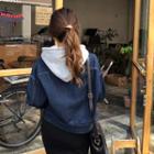 Detachable-hood Cropped Denim Jacket Dark Blue - One Size