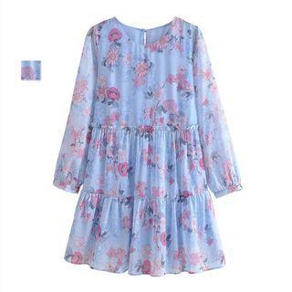 Long-sleeve Floral Print Tiered Mini Dress