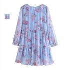 Long-sleeve Floral Print Tiered Mini Dress