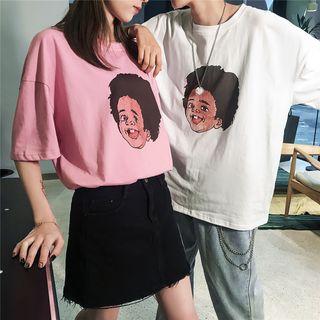Couple Matching Elbow-sleeve Cartoon Printed T-shirt
