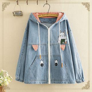 Cartoon Embroidered Denim Zip-up Hoodie