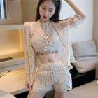 Off-shoulder Camisole + Lace Shorts + Cutout Jacket Set