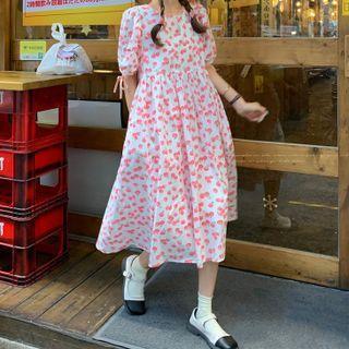 Short-sleeve Cherry Midi A-line Dress Cherry - White - One Size