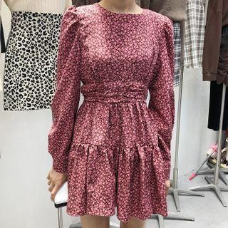 Long-sleeve Floral Print Mini A-line Dress Orange - One Size