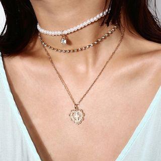 Faux-pearl Rhinestone Multi-chain Necklace