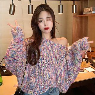 Long-sleeve Melange Knit Top Sweater - One Size