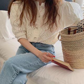 Elbow-sleeve Pointelle Knit Cardigan As Shown In Figure - One Size