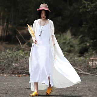 Short-sleeve Buttoned Long Knit Coat