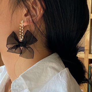 Bow Mesh Rhinestone Dangle Earring 1 Pair - Silver Needle - Black - One Size