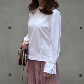 Round-neck Fuax-pearl Cuff Top