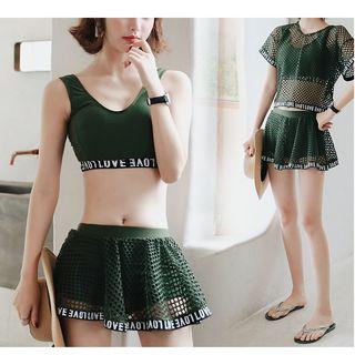 Set: Lettering Trim Bikini Top + Swim Skirt + Cover-up